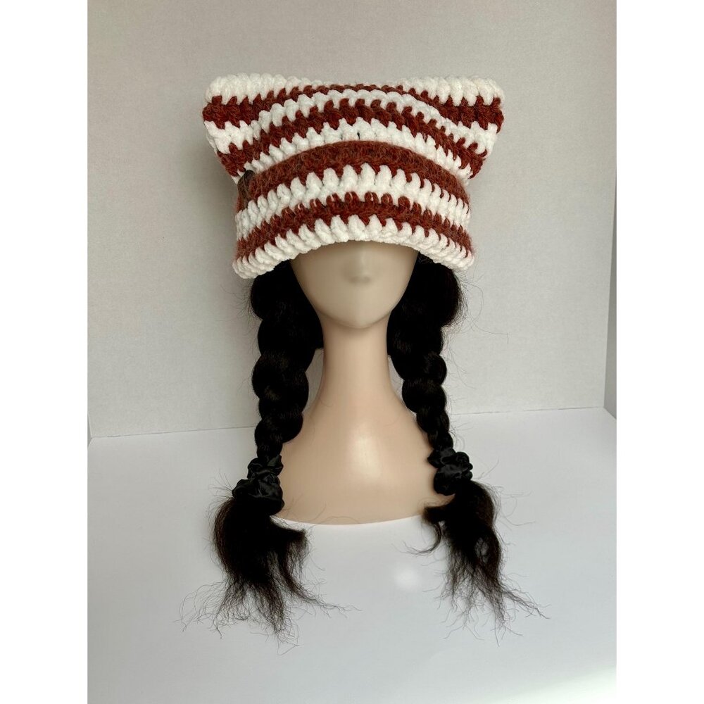 Copper and White Cat beanie, striped, reddish brown,auburn